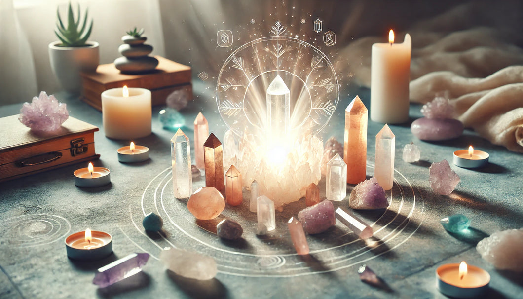 Serene image of healing crystals arranged on a peaceful surface with glowing light, symbolizing spiritual healing, balance, and transformation for the Crystal Healer eCourse