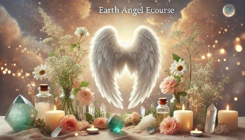 Earth Angel eCourse: An ethereal image with angel wings, soft glowing light, flowers, and crystals, symbolizing divine guidance, healing, and spiritual connection